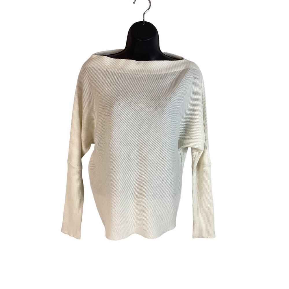 Theory Off White Wide Neck Sweater Rib Knit Acrylic Wool Lightweight Ribbed Sm